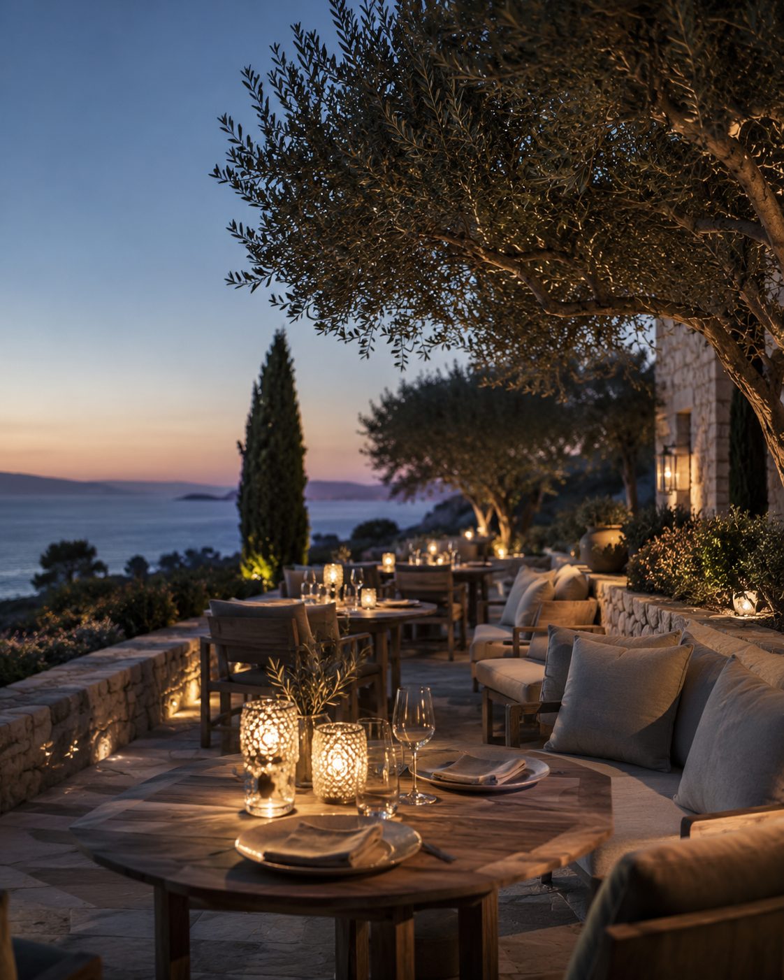 Terrasse en pierre naturelle vue mer à Bandol